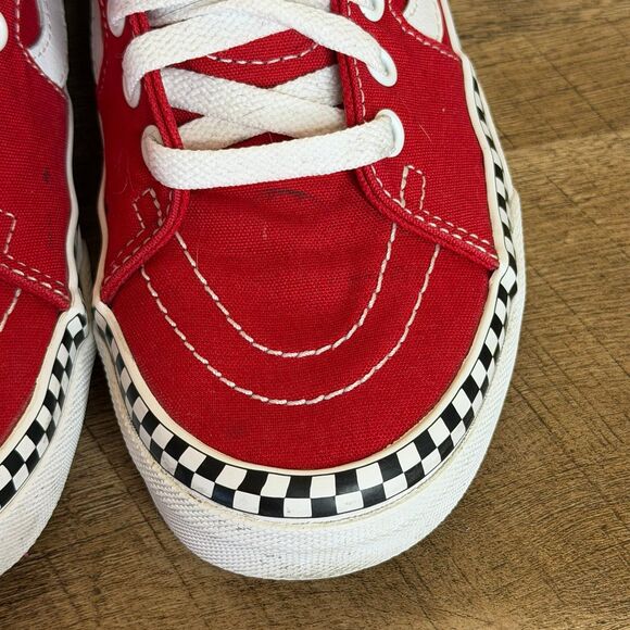 Vans Sk8-Hi Red Canvas High Top Sneakers Checkerboard Trim Men’s 5 / Women’s 6.5 - Picture 5 of 8